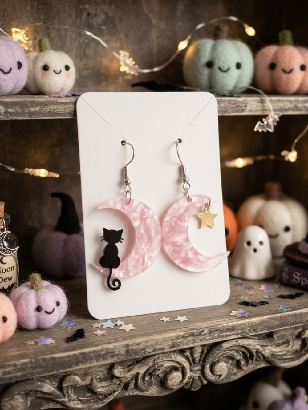 Pink Crescent Moon Cat & Star Drop Earrings - Picture 3 of 3